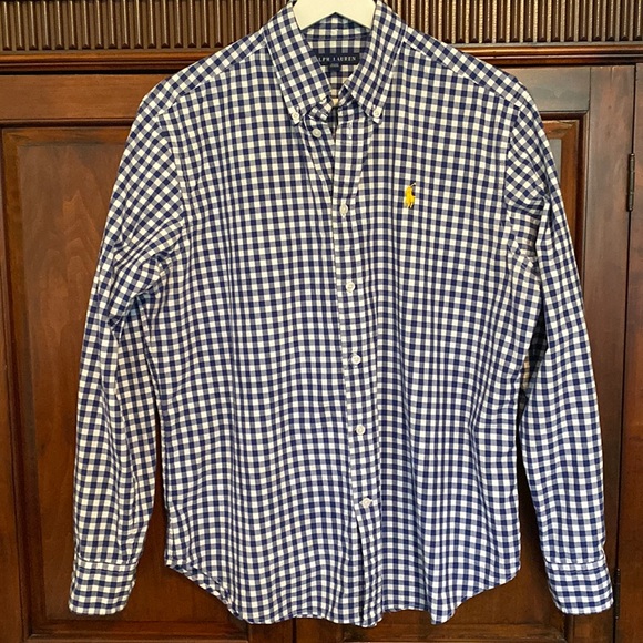 Ralph Lauren navy white gingham button down shirt yellow polo pony - Picture 2 of 13